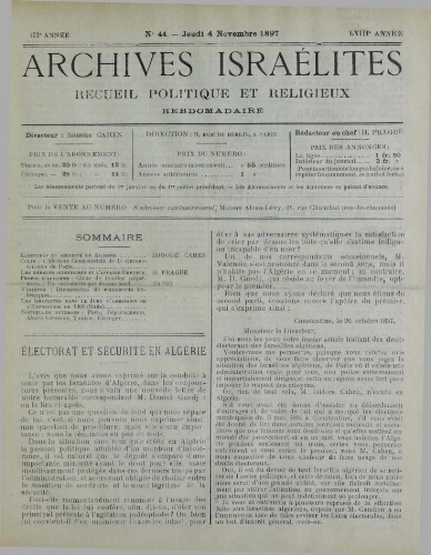 Archives israélites de France. Vol.58 N°44 (04 nov. 1897)